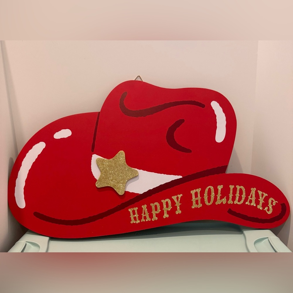 Adorable Red Cowboy Hat Happy Holidays Door Decoration- NWT